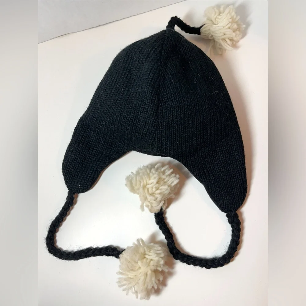 White Skull Design on Black 100% Nepalese Wool Winter Hat with Pom Pom Ties - Picture 2 of 5